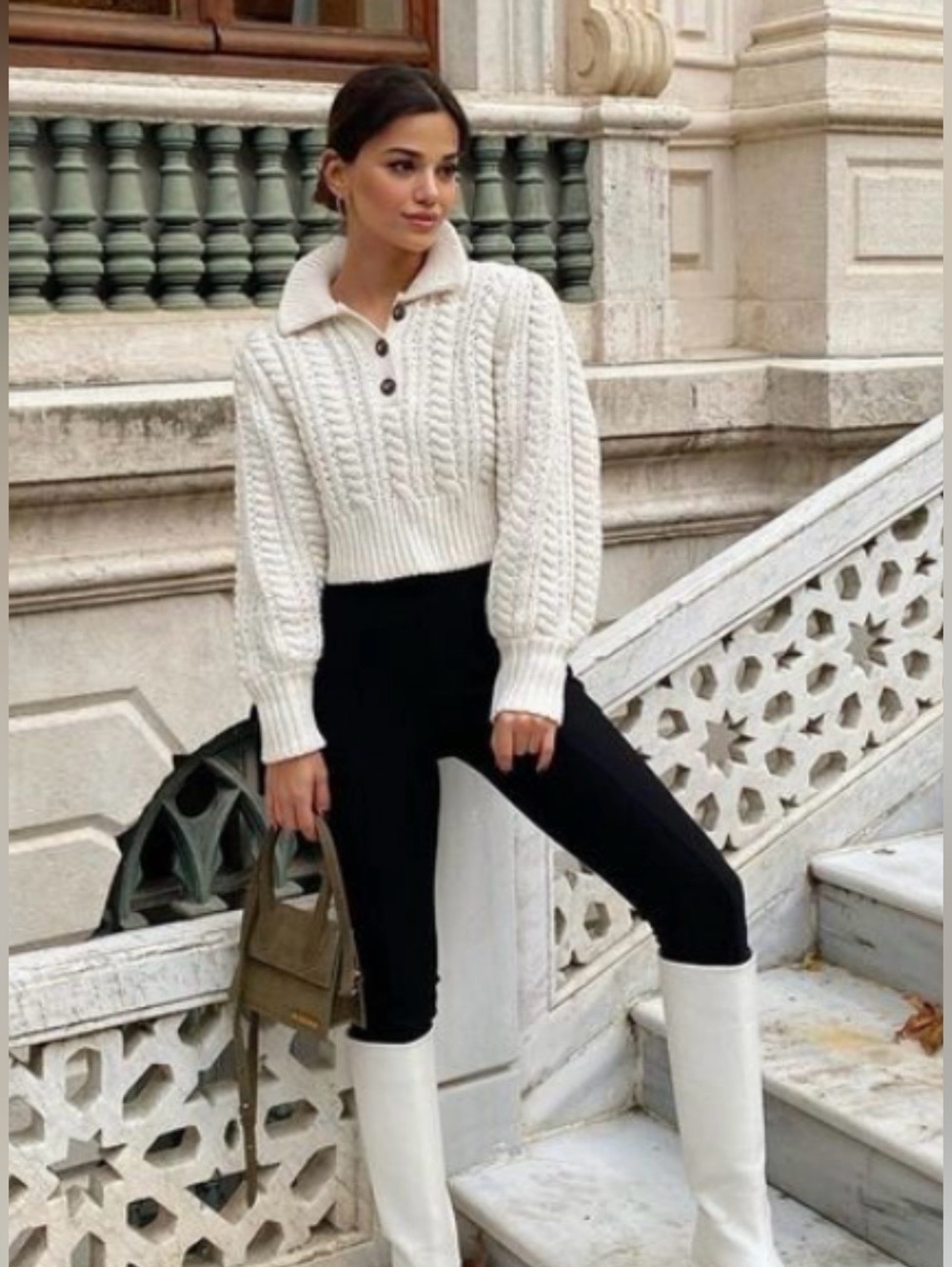 Zara Cream Cable-Knit Cropped Turtleneck Sweater